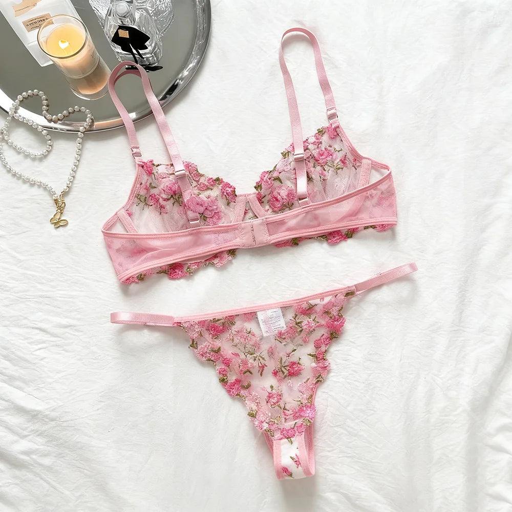 US Hot Sale Women Pink Erotic Alluring Transparent Lingerie Sexy Underwear Lace Semi Temptation Embroidery Thin Bra Set