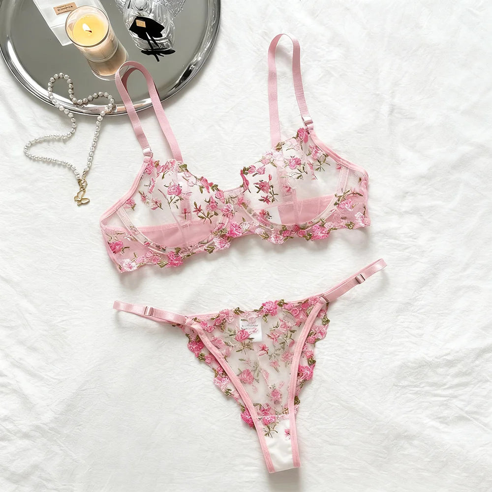 US Hot Sale Women Pink Erotic Alluring Transparent Lingerie Sexy Underwear Lace Semi Temptation Embroidery Thin Bra Set