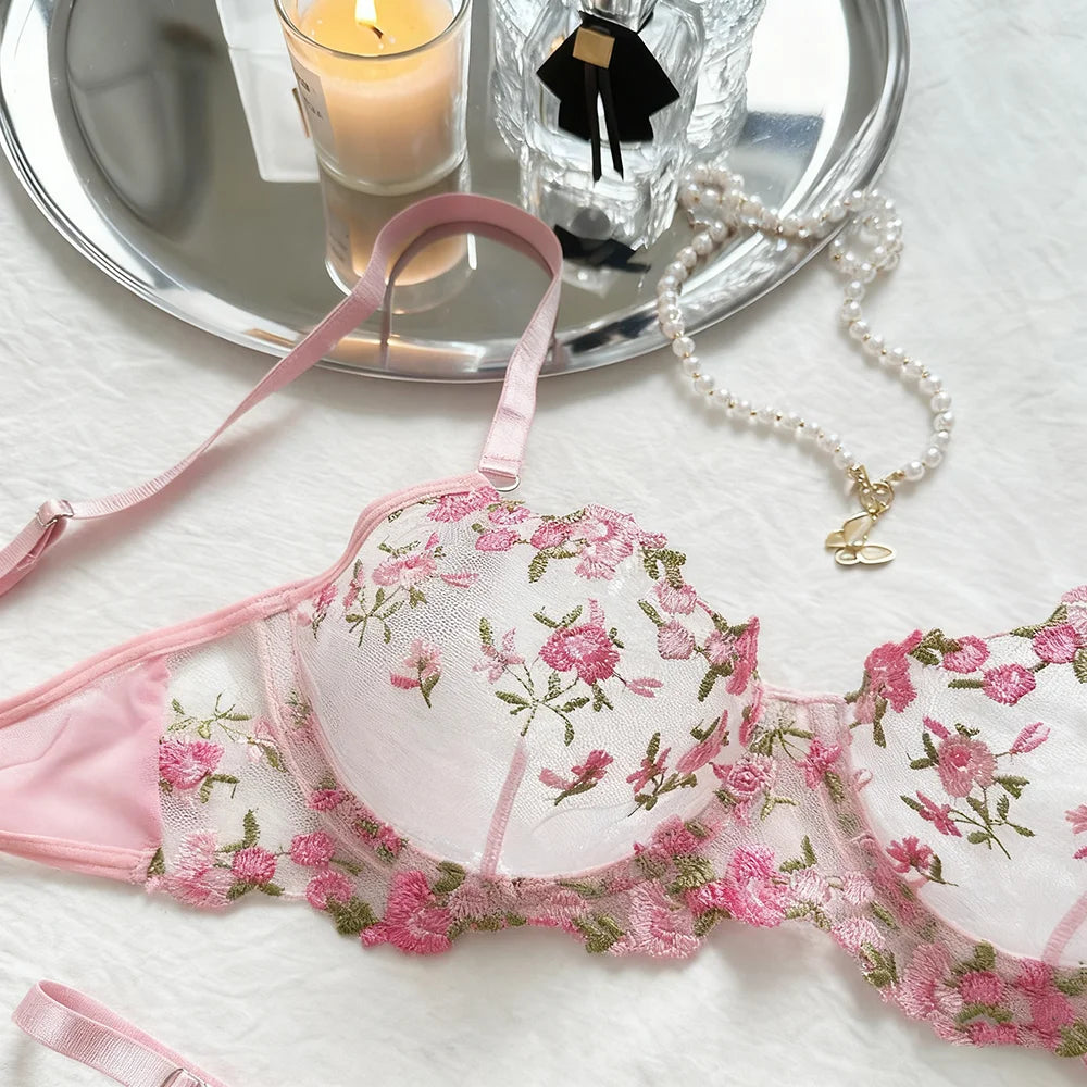 US Hot Sale Women Pink Erotic Alluring Transparent Lingerie Sexy Underwear Lace Semi Temptation Embroidery Thin Bra Set