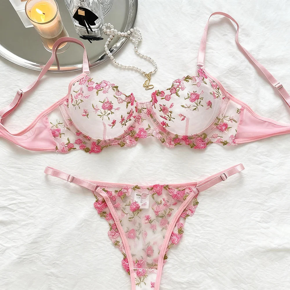 US Hot Sale Women Pink Erotic Alluring Transparent Lingerie Sexy Underwear Lace Semi Temptation Embroidery Thin Bra Set