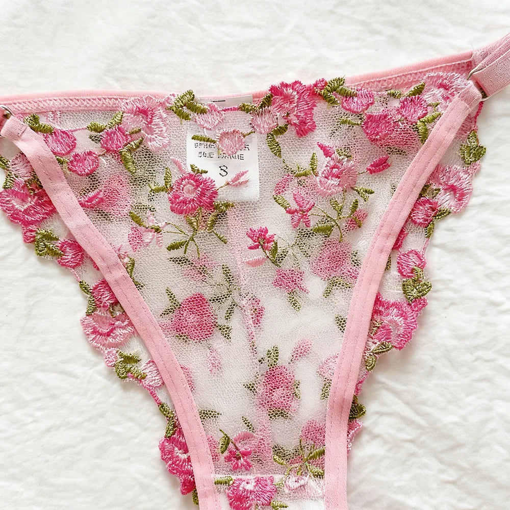 US Hot Sale Women Pink Erotic Alluring Transparent Lingerie Sexy Underwear Lace Semi Temptation Embroidery Thin Bra Set