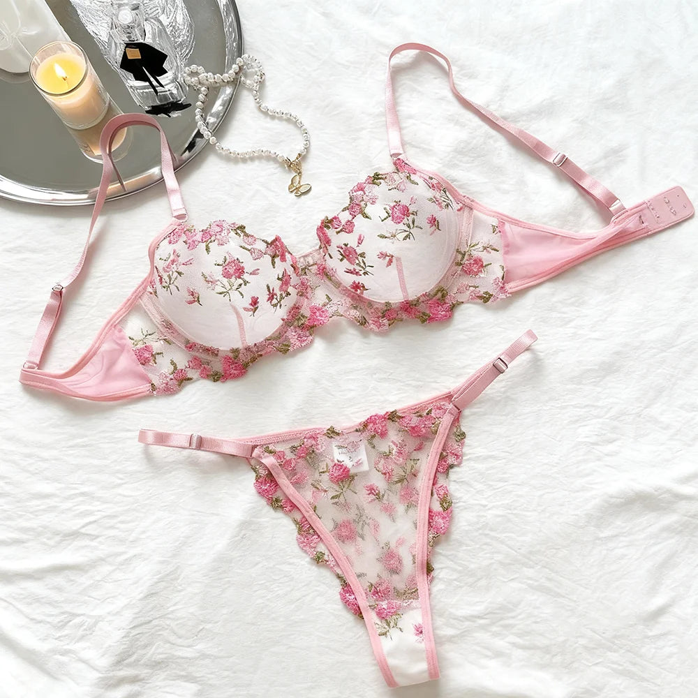 US Hot Sale Women Pink Erotic Alluring Transparent Lingerie Sexy Underwear Lace Semi Temptation Embroidery Thin Bra Set