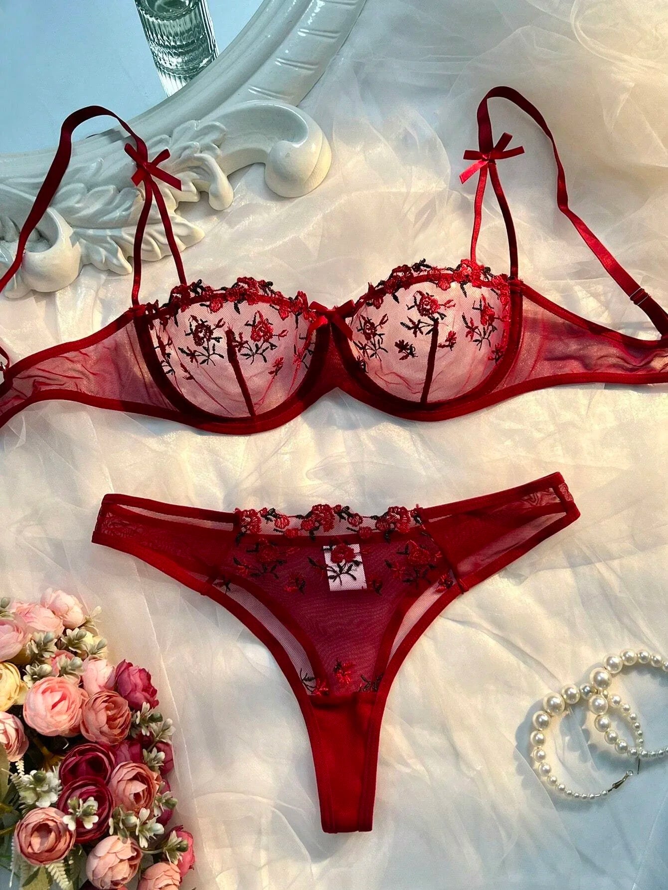 Soutien-gorge rose transparent pour femmes, ensemble de lingerie sexy, soutiens-gorge brodés à fleurs, sous-vêtements pour dames, nouvelle collection, 7.0