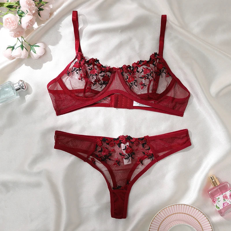 Ensemble soutien-gorge et culotte en dentelle pour femmes, sous-vêtements sexy, push up, broderie de fleurs, 7.0