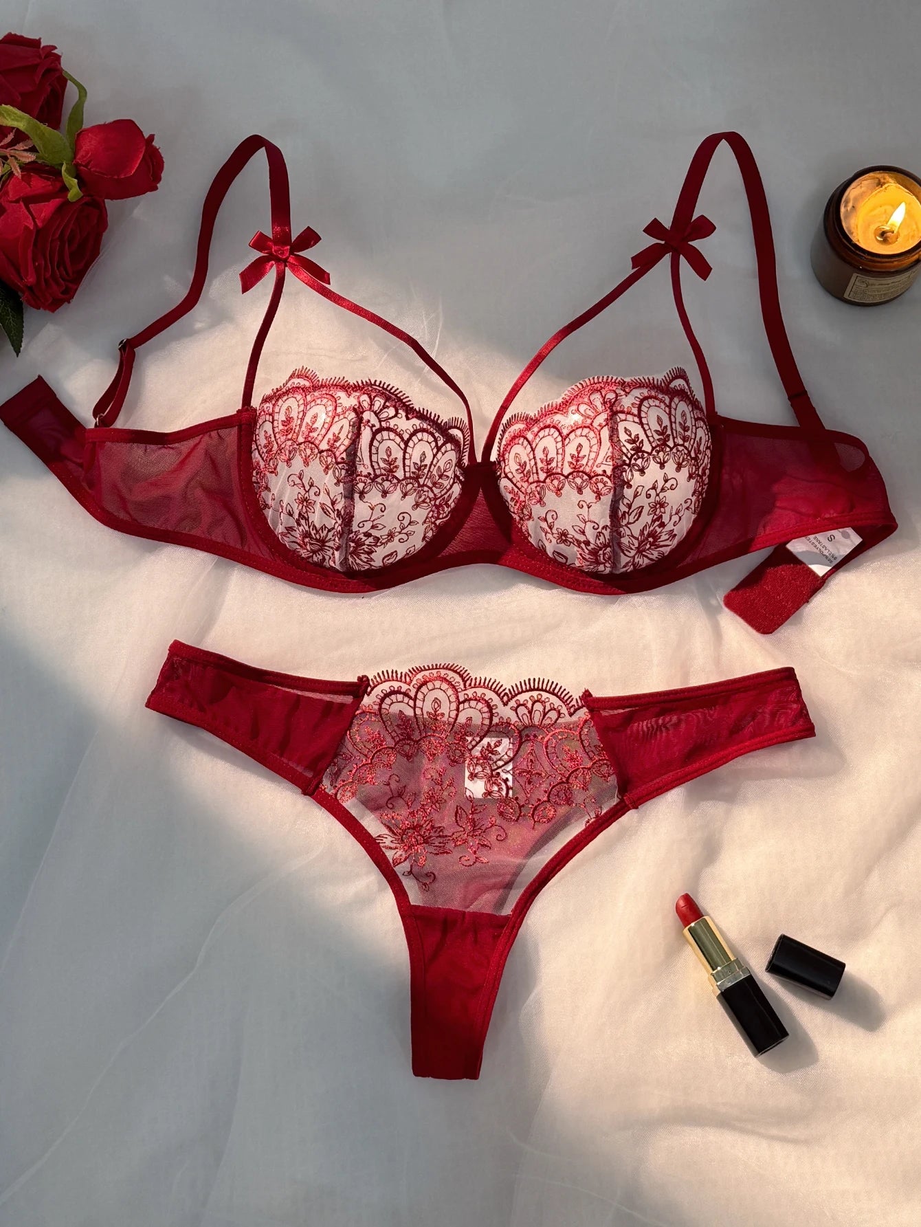 Ensemble de lingerie semi-transparente à nœud léger et confortable pour femmes, 2 pièces, noir, ZA824057