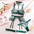 Krasapt – ensemble de lingerie de luxe brodée de fleurs noires, 4 pièces, en maille fantaisie, transparente, avec boucle en métal, soutien-gorge et string, ensemble érotique