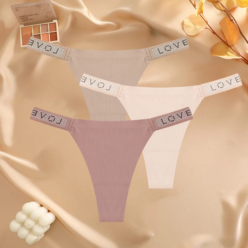 3 pièces/ensemble sans couture taille basse Sexy culottes femmes tongs strass lettre diamants string sport string Shorts slips t-back