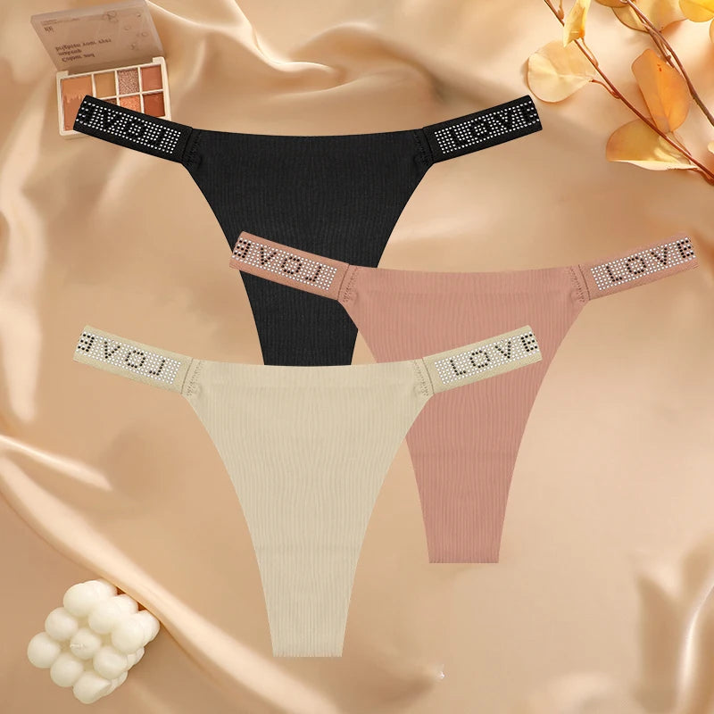 3 pièces/ensemble sans couture taille basse Sexy culottes femmes tongs strass lettre diamants string sport string Shorts slips t-back
