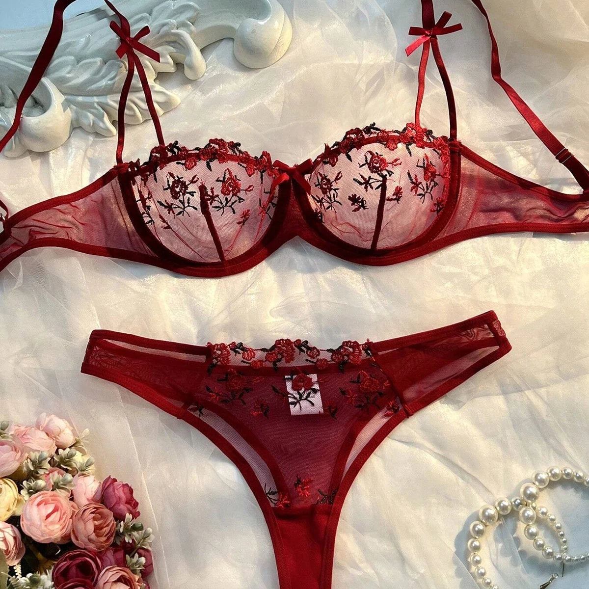 Soutien-gorge rose transparent pour femmes, ensemble de lingerie sexy, soutiens-gorge brodés à fleurs, sous-vêtements pour dames, nouvelle collection, 7.0