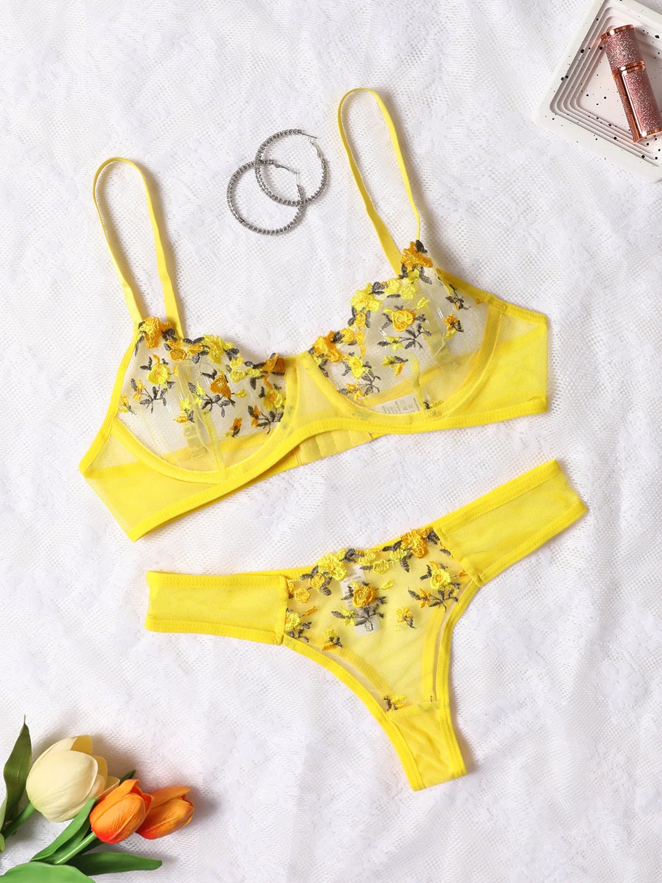 Ensemble soutien-gorge et culotte en dentelle pour femmes, sous-vêtements sexy, push up, broderie de fleurs, 7.0