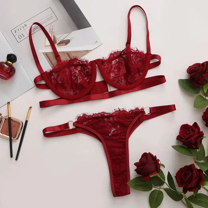 Lingerie sexy femme dentelle sous-vêtements transparents fée broderie bref ensembles kit de soutien-gorge délicat push up Breves ensembles mince soutiens-gorge érotiques