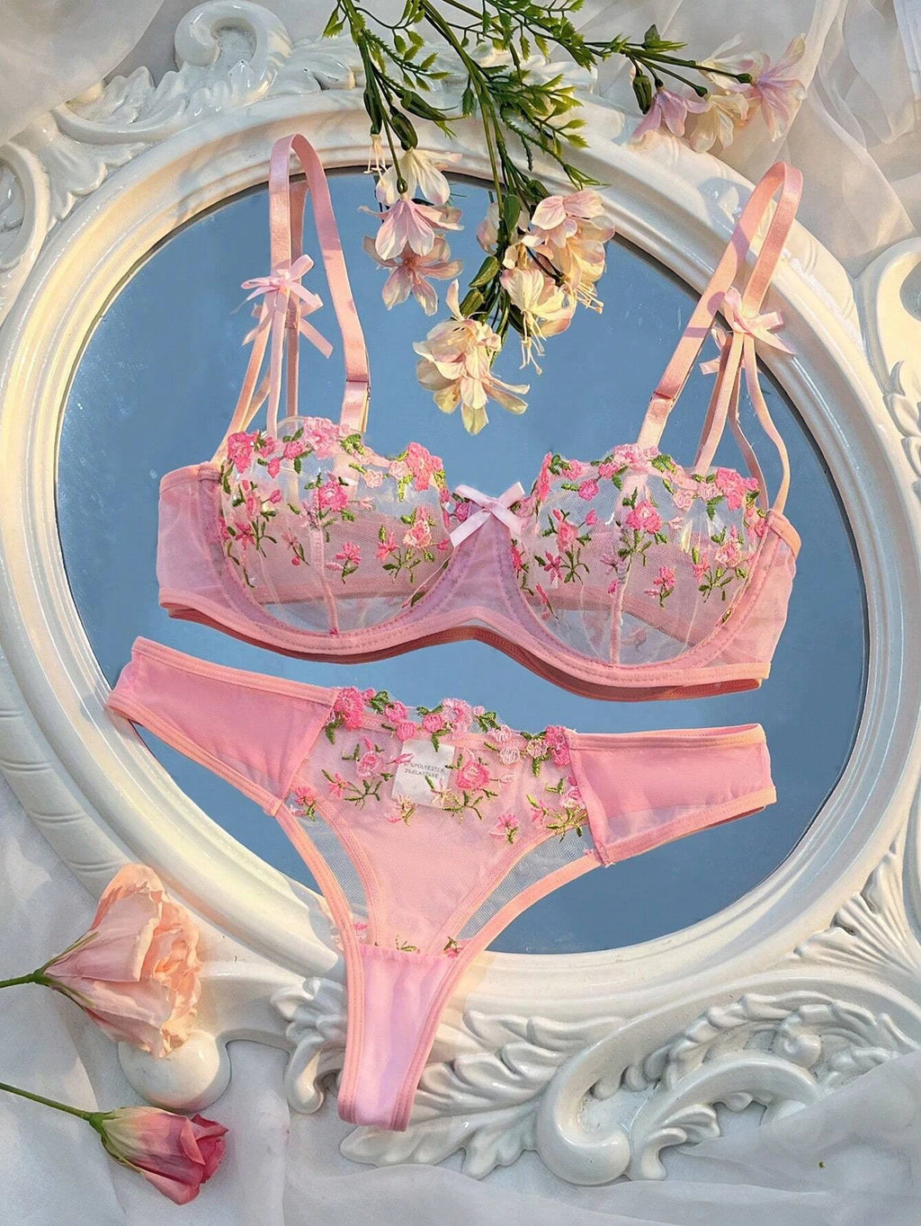 Soutien-gorge rose transparent pour femmes, ensemble de lingerie sexy, soutiens-gorge brodés à fleurs, sous-vêtements pour dames, nouvelle collection, 7.0