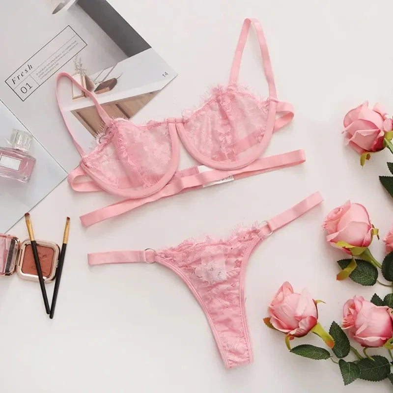 Lingerie sexy femme dentelle sous-vêtements transparents fée broderie bref ensembles kit de soutien-gorge délicat push up Breves ensembles mince soutiens-gorge érotiques