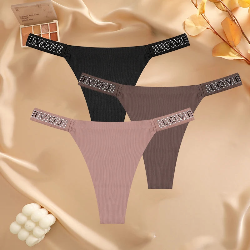 3 pièces/ensemble sans couture taille basse Sexy culottes femmes tongs strass lettre diamants string sport string Shorts slips t-back