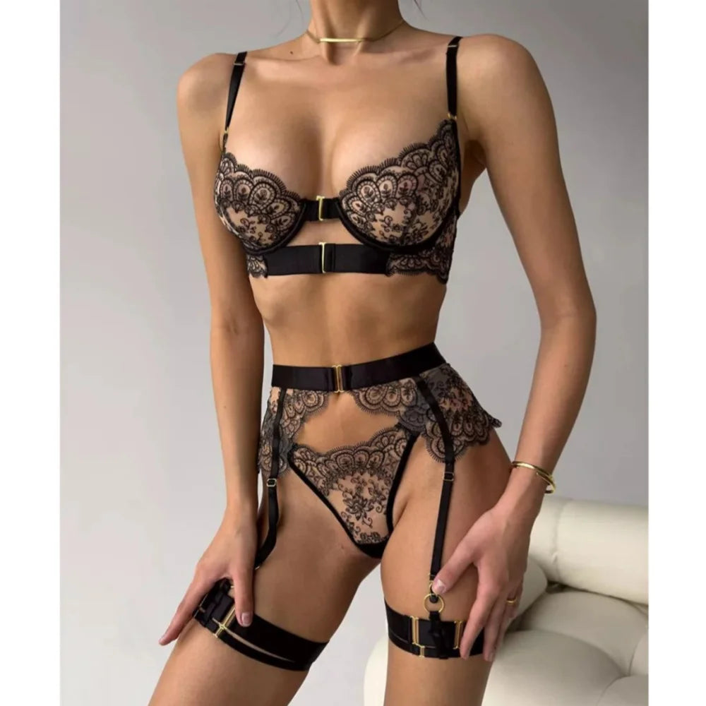 Krasapt – ensemble de lingerie de luxe brodée de fleurs noires, 4 pièces, en maille fantaisie, transparente, avec boucle en métal, soutien-gorge et string, ensemble érotique