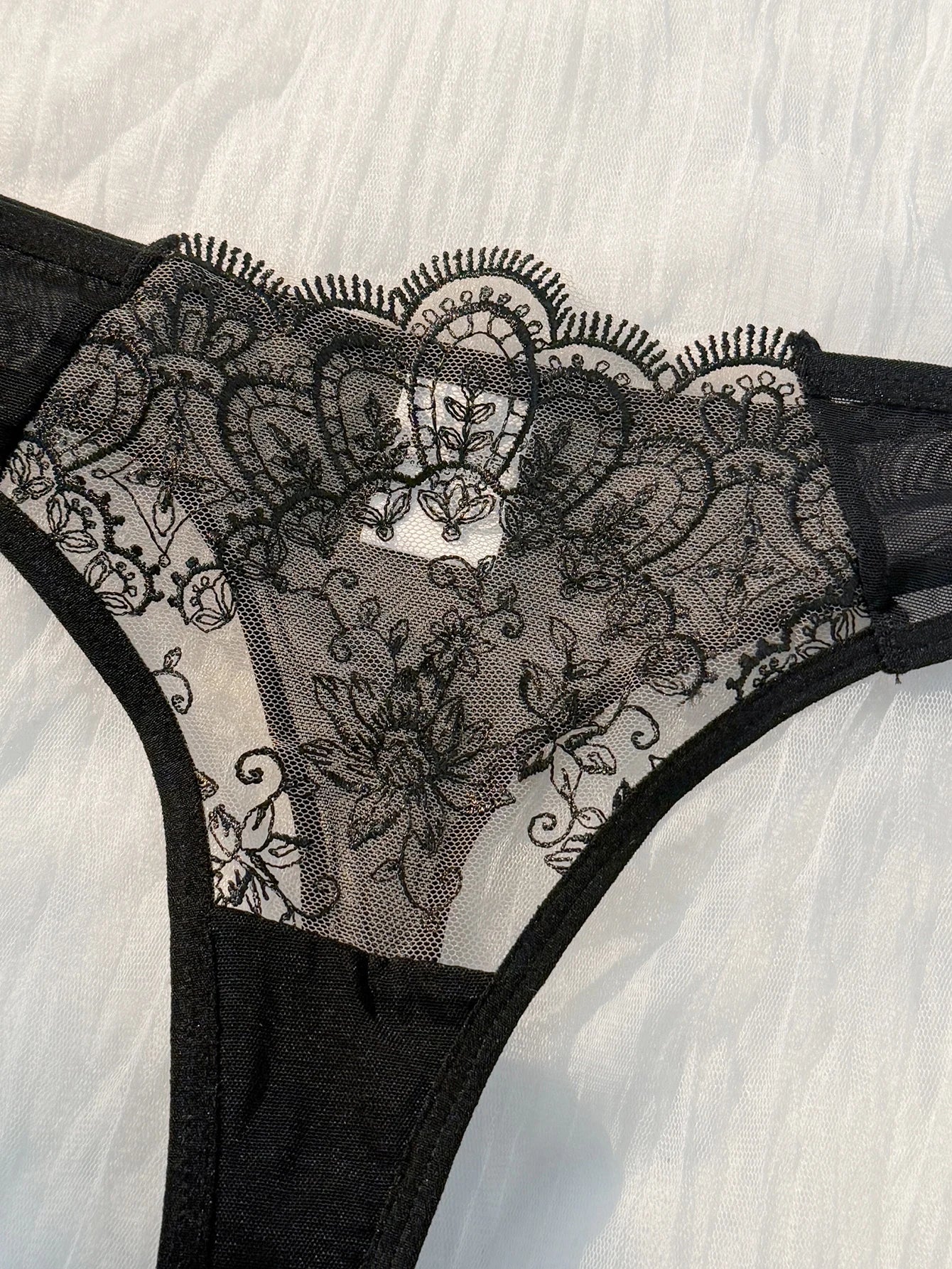Ensemble de lingerie semi-transparente à nœud léger et confortable pour femmes, 2 pièces, noir, ZA824057