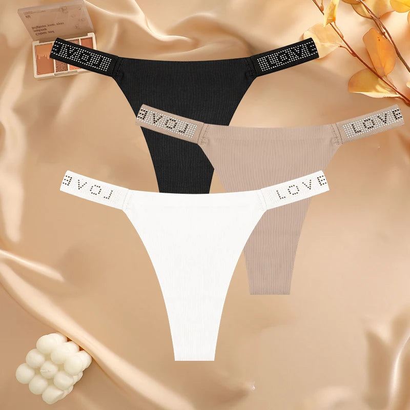 3 pièces/ensemble sans couture taille basse Sexy culottes femmes tongs strass lettre diamants string sport string Shorts slips t-back
