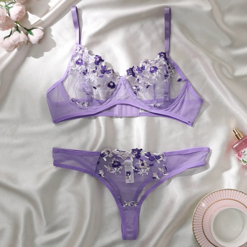 Ensemble soutien-gorge et culotte en dentelle pour femmes, sous-vêtements sexy, push up, broderie de fleurs, 7.0