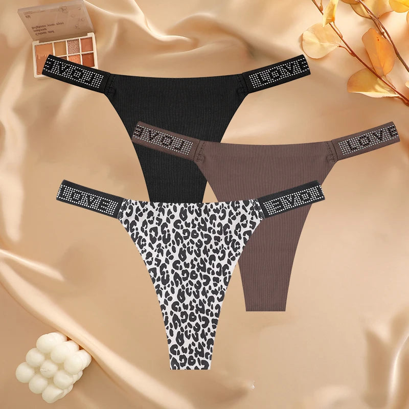 3 pièces/ensemble sans couture taille basse Sexy culottes femmes tongs strass lettre diamants string sport string Shorts slips t-back