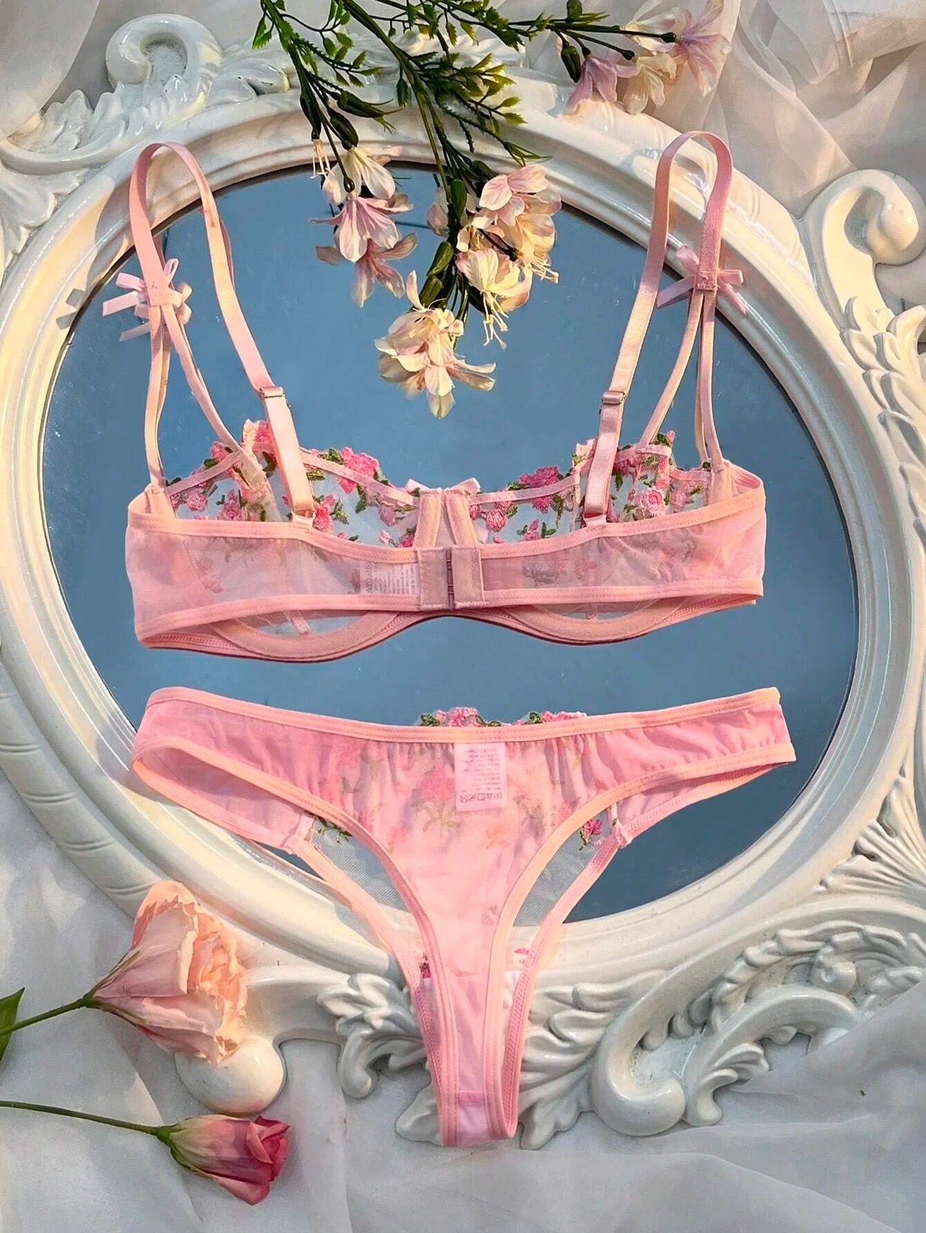 Soutien-gorge rose transparent pour femmes, ensemble de lingerie sexy, soutiens-gorge brodés à fleurs, sous-vêtements pour dames, nouvelle collection, 7.0