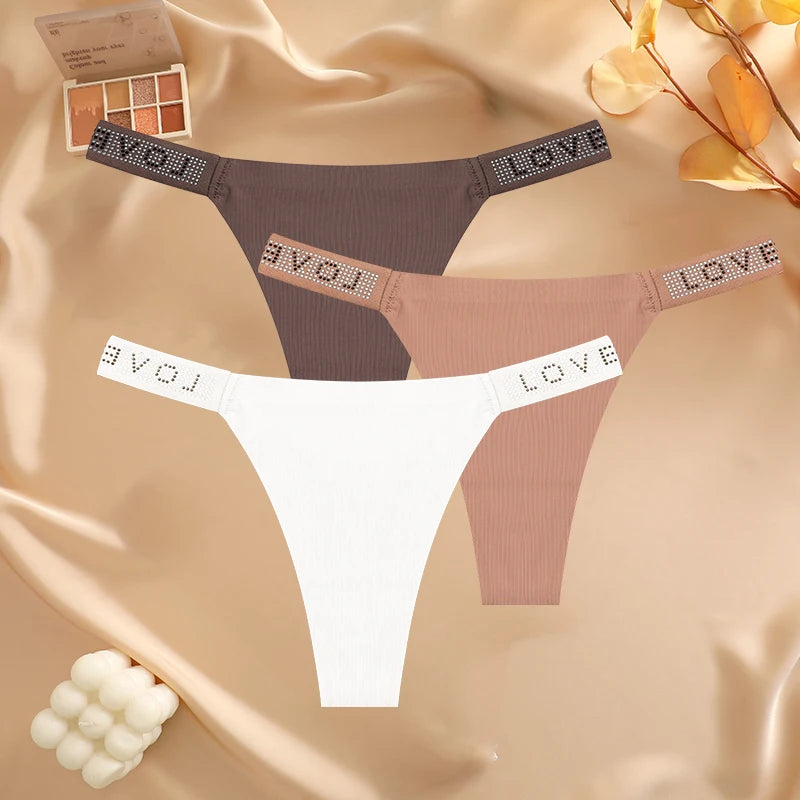 3 pièces/ensemble sans couture taille basse Sexy culottes femmes tongs strass lettre diamants string sport string Shorts slips t-back