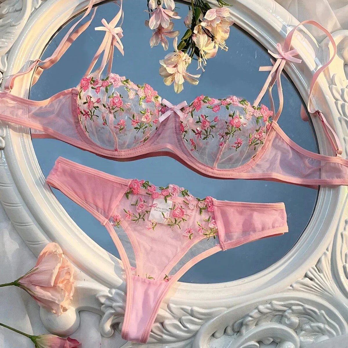 Soutien-gorge rose transparent pour femmes, ensemble de lingerie sexy, soutiens-gorge brodés à fleurs, sous-vêtements pour dames, nouvelle collection, 7.0