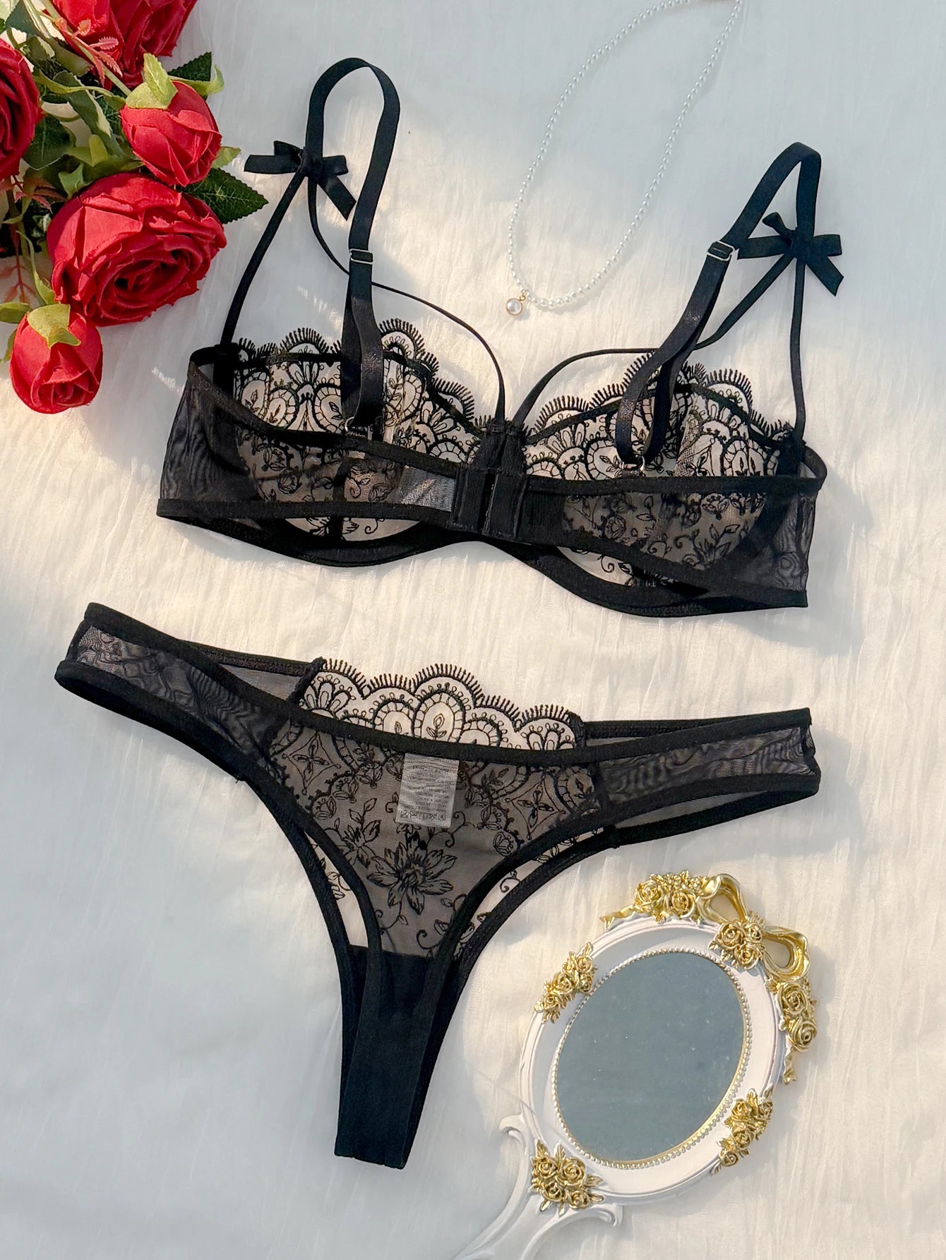 Ensemble de lingerie semi-transparente à nœud léger et confortable pour femmes, 2 pièces, noir, ZA824057