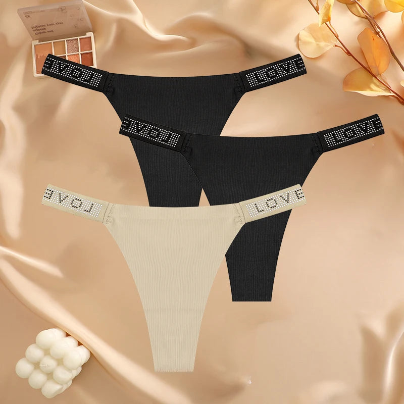 3 pièces/ensemble sans couture taille basse Sexy culottes femmes tongs strass lettre diamants string sport string Shorts slips t-back