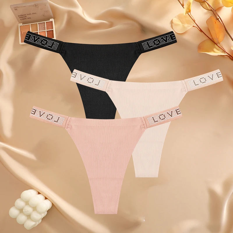 3 pièces/ensemble sans couture taille basse Sexy culottes femmes tongs strass lettre diamants string sport string Shorts slips t-back
