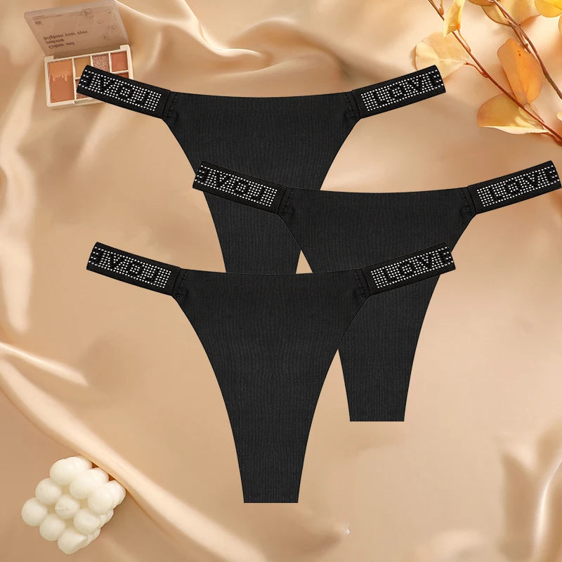 3 pièces/ensemble sans couture taille basse Sexy culottes femmes tongs strass lettre diamants string sport string Shorts slips t-back