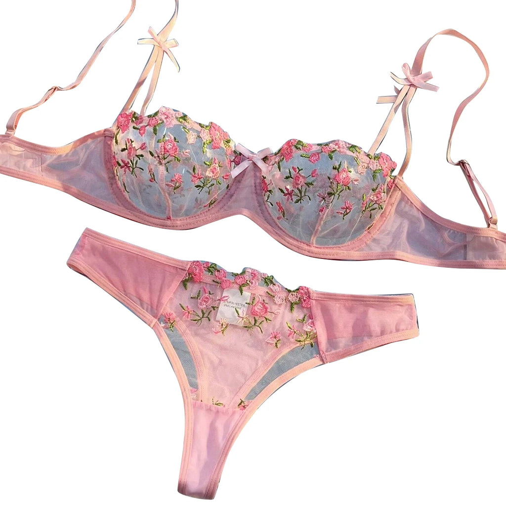 Soutien-gorge rose transparent pour femmes, ensemble de lingerie sexy, soutiens-gorge brodés à fleurs, sous-vêtements pour dames, nouvelle collection, 7.0